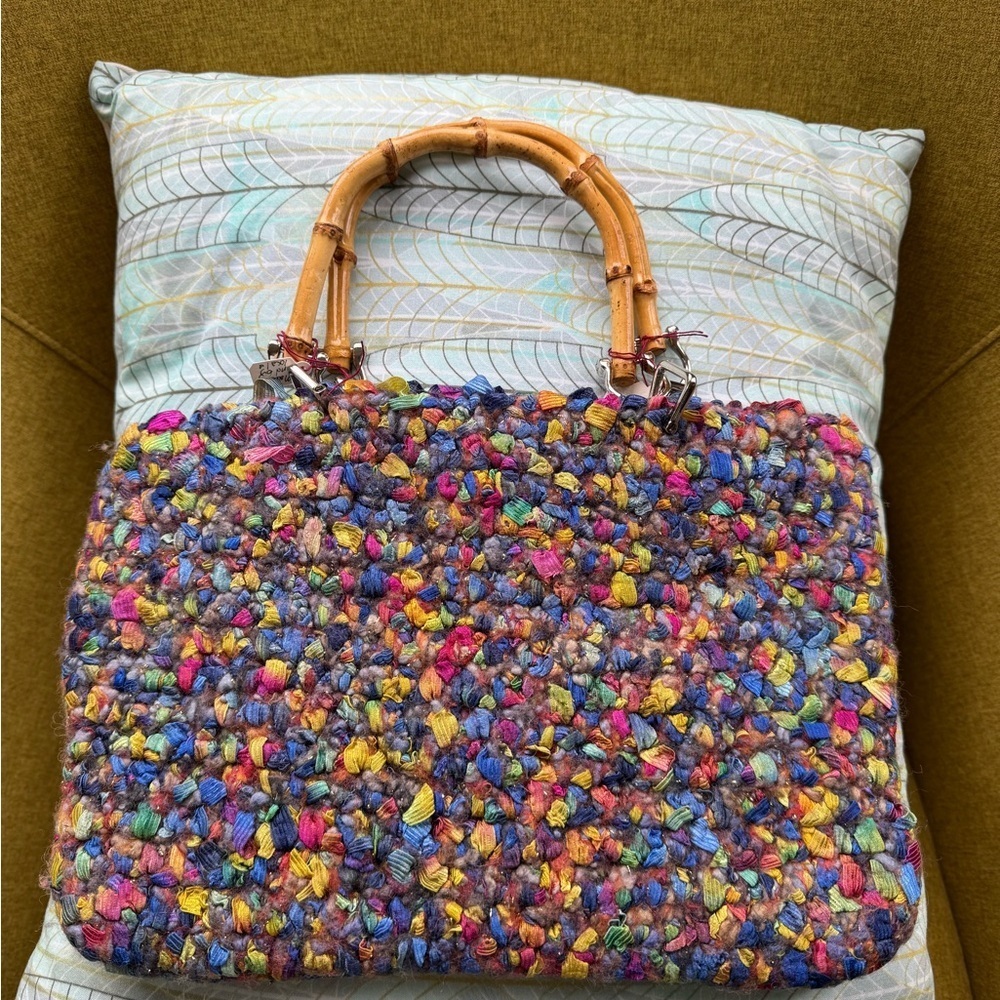 Handcrafted Multicolor felted wool and ribbon Satchel with Wooden Handle - Picture 2 of 4
